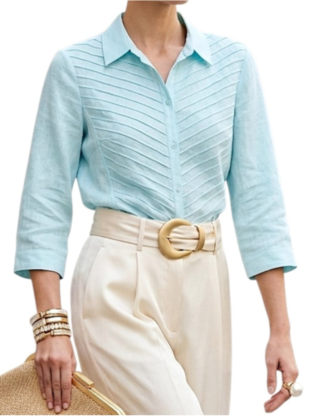 Lafayette 148 NY organic linen aqua blue chevron pin tuck 3/4 sleeve blouse 12